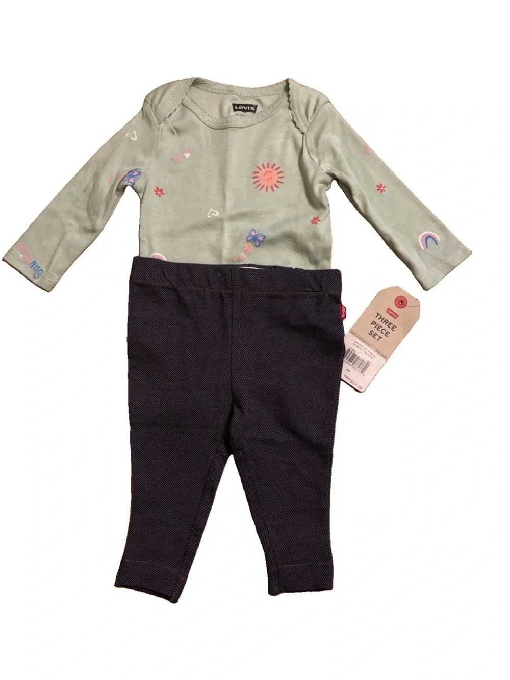 Levi's Baby Girls' 3-Piece Green Bodysuit, Cream Vest & Navy Leggings Set - 6M